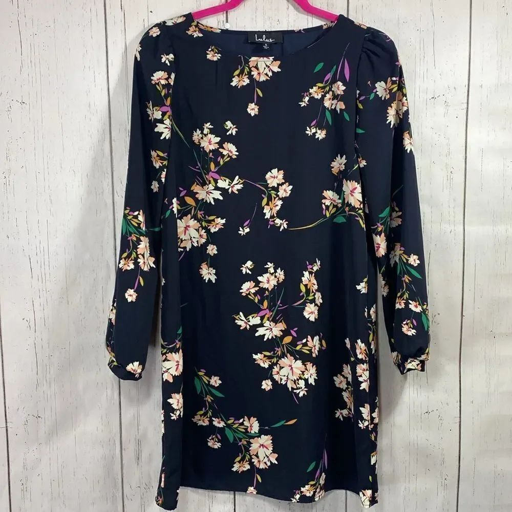 Lulus Navy Floral Long Sleeve Shift Dress Size S Romantic Boho Chic Feminine